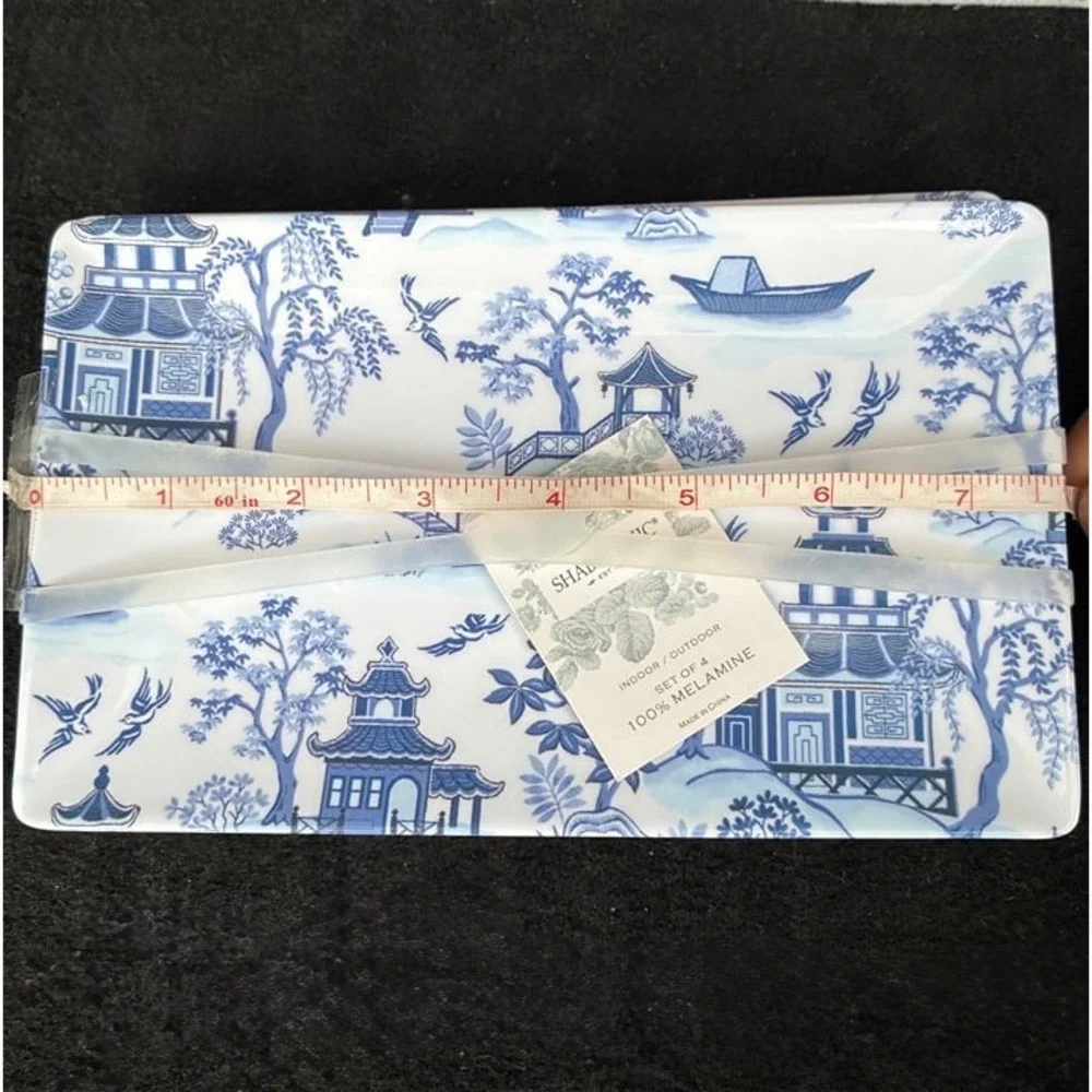 Shabby Chic Chinoiserie Blue Willow Pagoda Melamine Appetizer Plates Set of 4